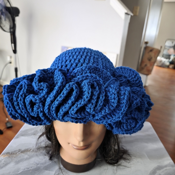Elegant Blue Crochet Ruffle Hat - Picture 2 of 5
